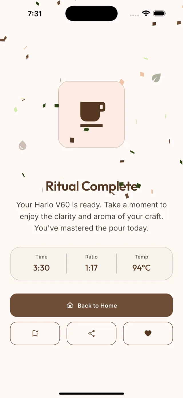 Pantalla final de una preparación en la app: 3:30 de tiempo, proporción 1:17 y 94 °C.