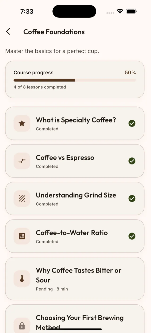 Curso Coffee Foundations en la app, con el progreso de las lecciones completadas.