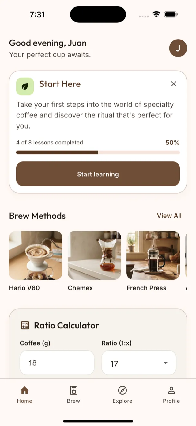 Pantalla de inicio de la app con los métodos de preparación y la calculadora de proporciones.